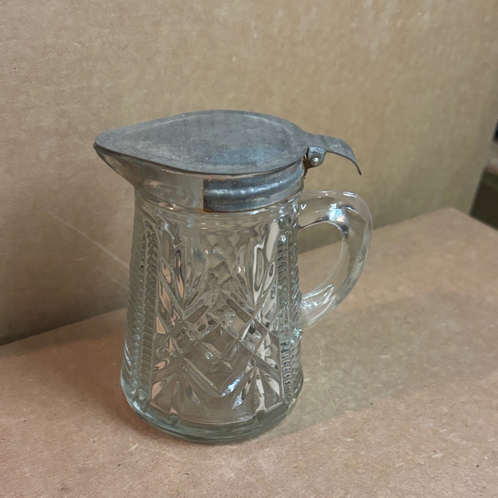 Vintage Glass Syrup Pitcher with Metal Lid